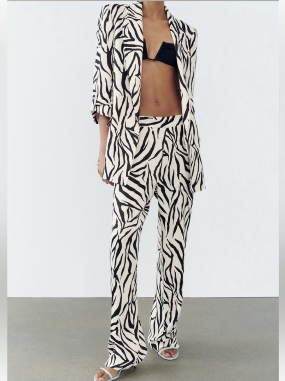 Zara 2pc Zebra Print Wide-Leg Pants / Blazer- Black & Cream